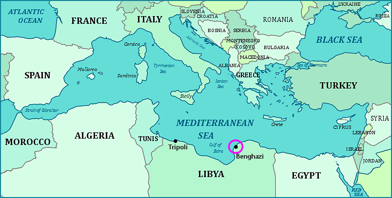 Map showing Libya and Benghazi where U.S. ambassador was killed in attack on consulate