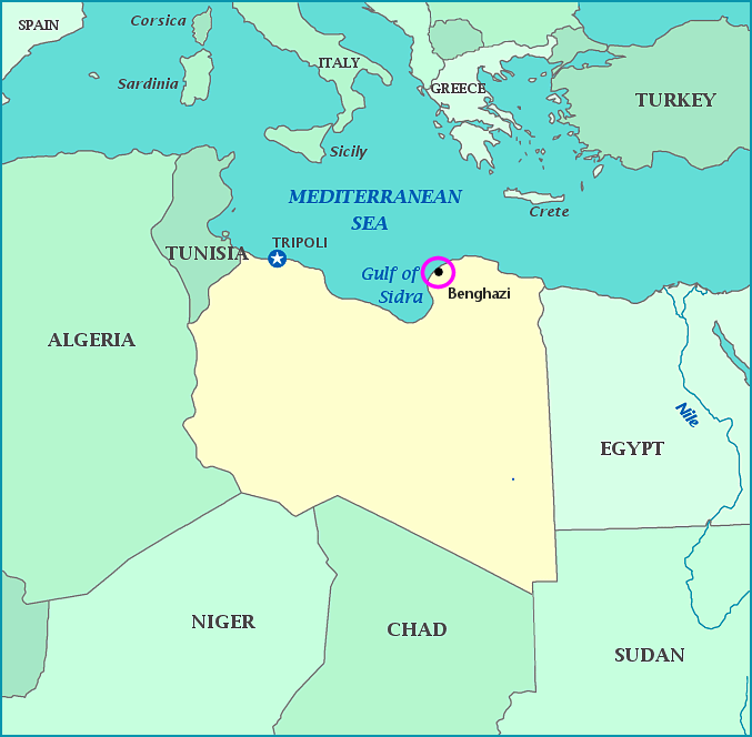 Map of Libya showing Benghazi, site of attack on U.S. consulate where ambassador was killed