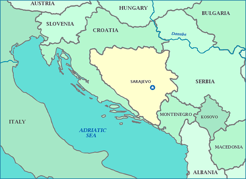Map of Bosnia, Italy, Croatia, Montenegro, Serbia, Adriatic Sea