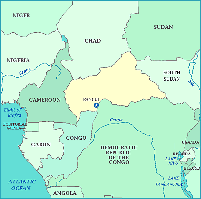 Central African Republic map, Map of Central African Republic, Chad, Sudan, Democratic Republic of the Congo, Congo, Cameroon