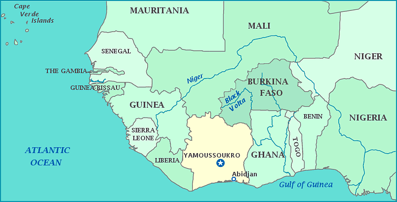 Cote d'Ivoire map, Map of Cote d'Ivoire, Yamoussoukro, Liberia, Ghana, Mali, Burkina Faso, Guinea, Atlantic Ocean