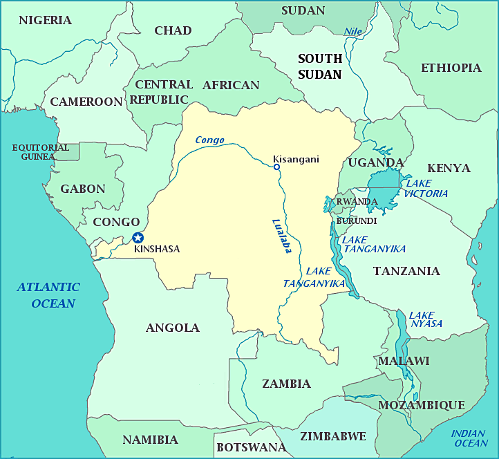 Democratic Republic of the Congo map, Map of Democratic Republic of the Congo, Kinshasa, Congo, Central African Republic, Uganda, Tanzania, Zambia, Angola, Lake Tanganyika