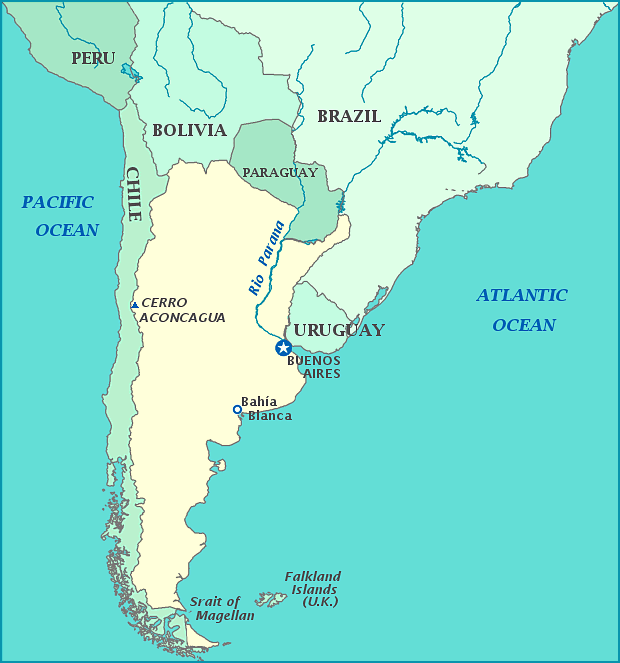 Map of Argentina, Chile, Bolivia, Paraguay, Brazil, Uruguay, Atlantic Ocean, Pacific Ocean, Falkland Islands
