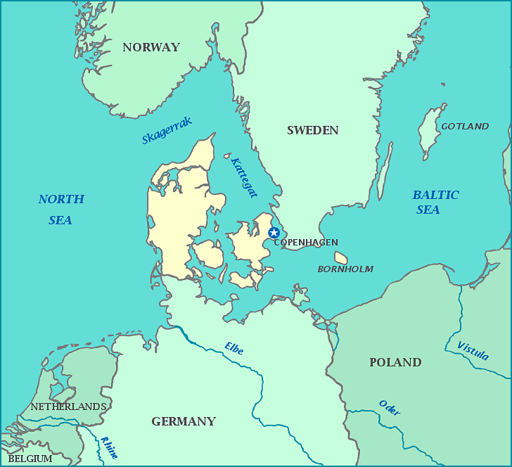 Map of Denmark, Germany, Poland, Norway, Sweden, Netherlands, North Sea