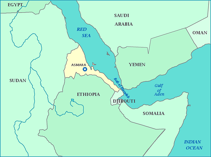 Eritrea map, Map of Eritrea,  Asmara, Sudan, Yemen, Djibouti, Somalia, Ethiopia, Red Sea, Bab el Mendeb, Gulf of Aden