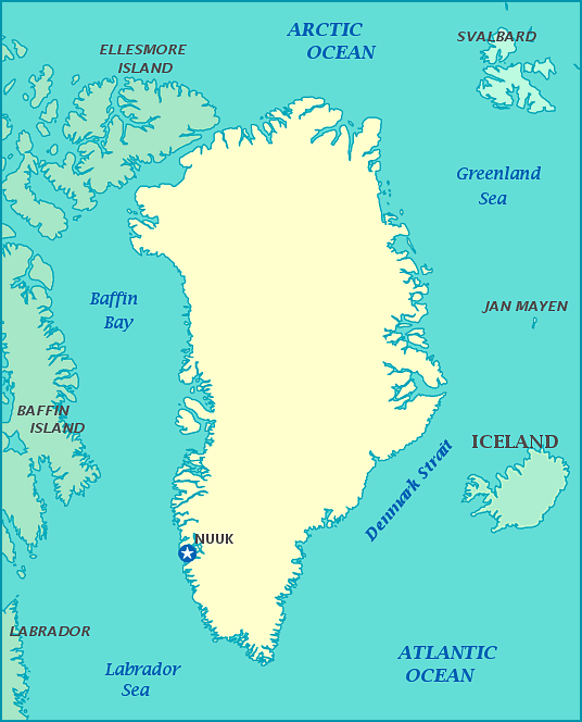 Map of Greenland, Iceland, Canada, Arctic Ocean