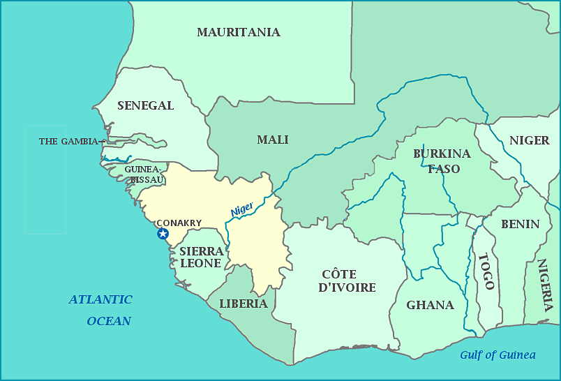 Guinea map, Map of Guinea, Canakry, Gyuinea-Bissau, Mali, Senegal, Cote d'Ivoire, Liberia, Sierra Leone, Atlantic Ocean
