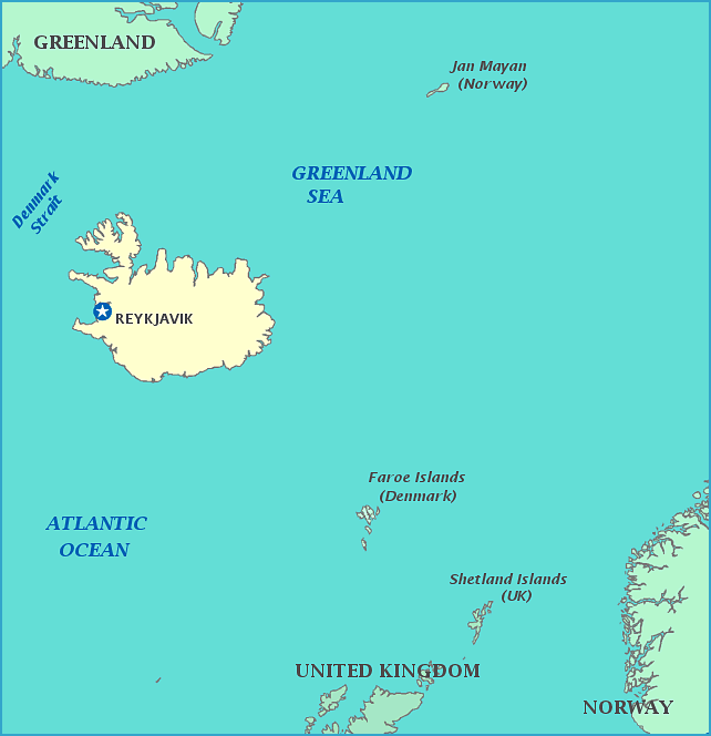 Map of Iceland, Faroe Islands, Greenland, Norway, Greenland Sea