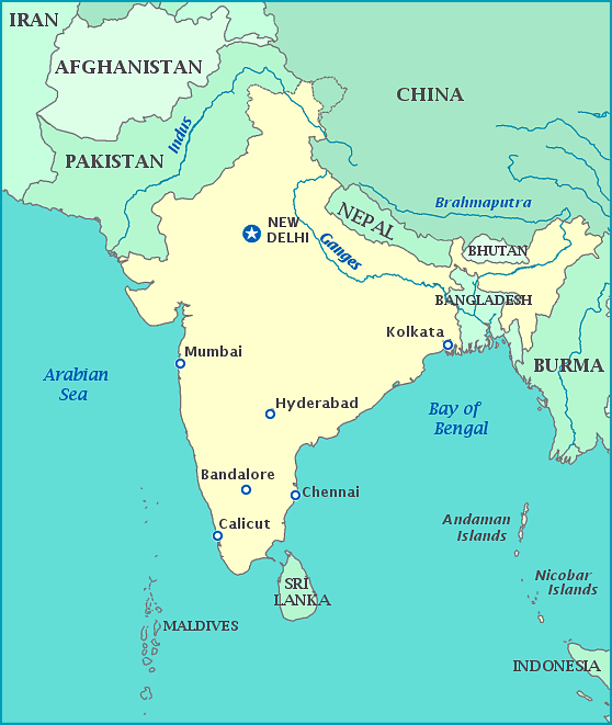 Map of India, Pakistan, China, Nepal, Bhutan, Bangladesh, Maldives, Bay of Bengal, Arabian Sea, Sri Lanka