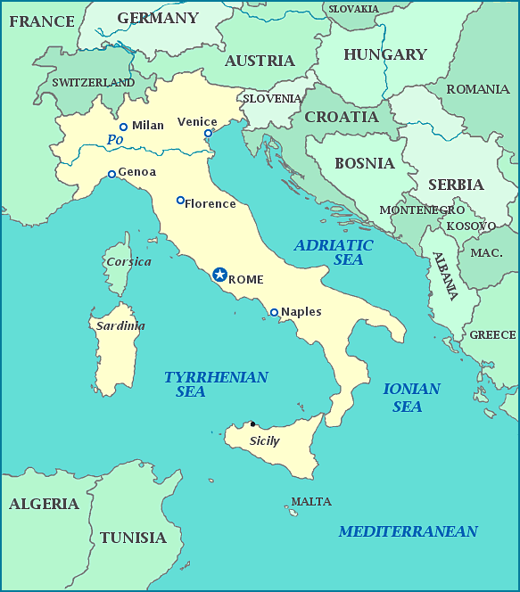 Map of Italy, Sicily, Sardenia, France, Germany, Switzerland, Austria and the Mediterranean