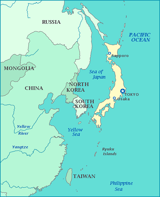 Map of Japan, Russia, China, North Korea, South Korea, Taiwan, Yellow Sea, Sea of Japan