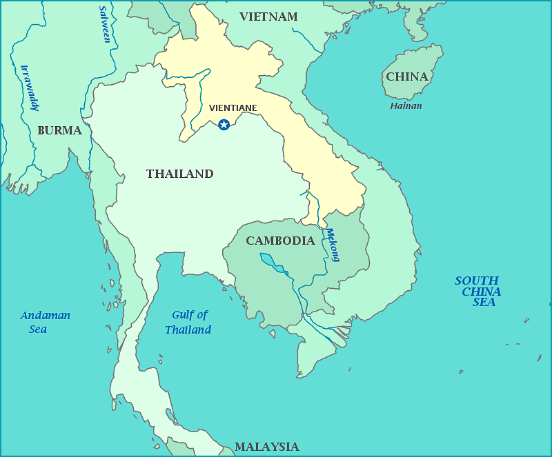 Map of Laos, Viet Nam, Cambodia, Thailand, Burma, China, South China Sea
