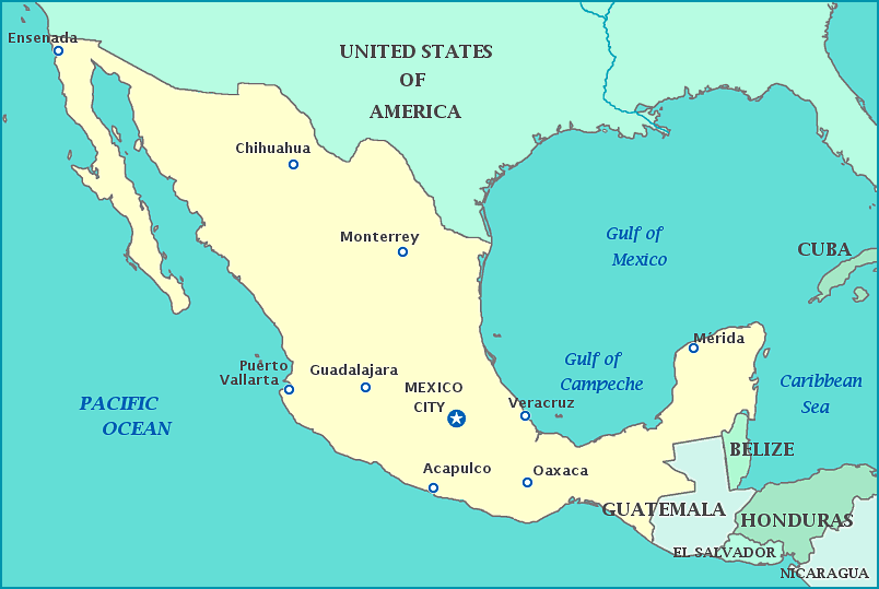 Map of Mexico, United States, Guatemala, Belize, Gulf of Mexico, Gulf