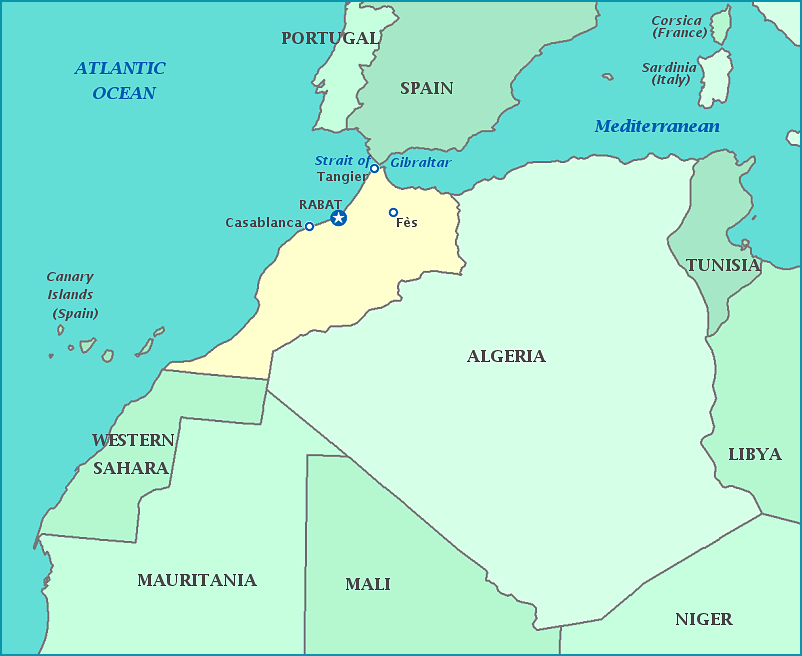 Morocco map, Map of Morocco, Rabat, Algeria, Western Sahara, Atlantic Ocean, Mediterranean Sea, Strait of Gibralter