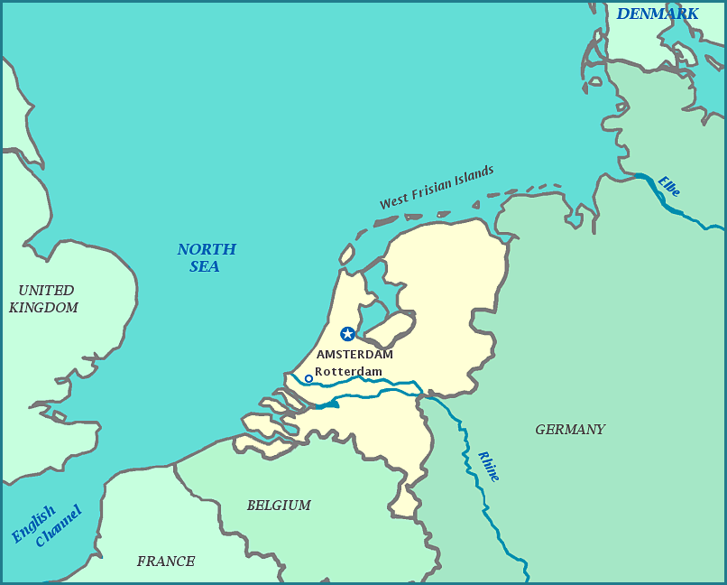Map of Netherlands, Belgium, Germany, United Kingdom, North Sea