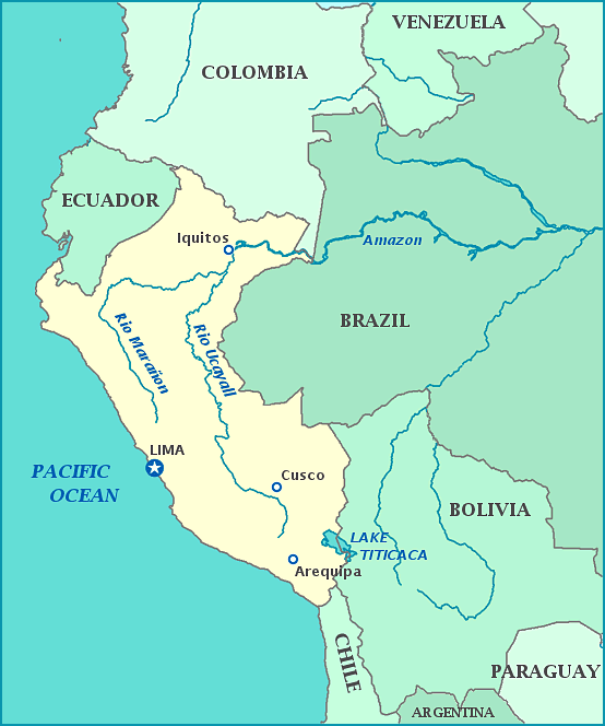 Map of Peru, Eucador, Colombia, Brazil, Bolivia, Chile, Pacific Ocean