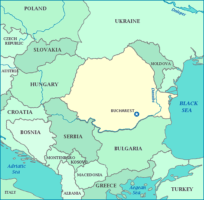 Map of Romania, Ukraine, Moldova, Bulgaria, Serbia, Hungary, Black Sea