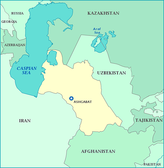 Map of Turkmenistan, Kazakhstan, Uzbekistan, Tajikistan, Afghanistan, Iran, Caspian Sea