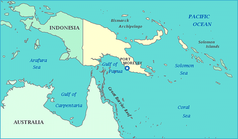 Map of Papua New Guinea Indonesia Australia Coral Sea