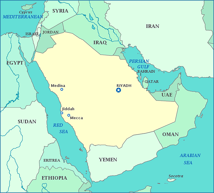 Saudi Arabia map, Map of Saudi Arabia, Riyadh, United Arab Emirates, Oman, Yemen, Jordan, Iraq, Kuwait, Persian Gulf, Red Sea