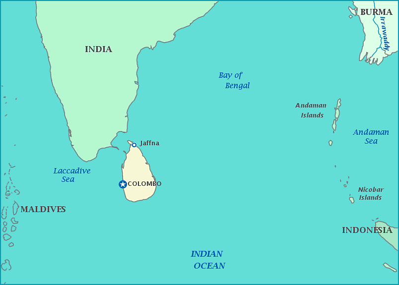 Map of Sri Lanka, India, Maldives, Bay of Bengal, Indian Ocean, Laccadive Sea