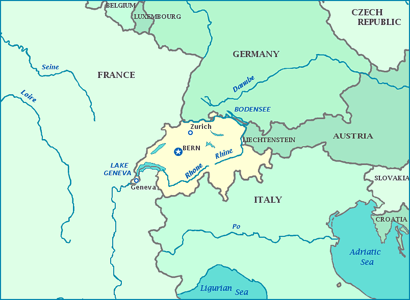 Map of Switzerland, Italy, Germany, Austria, France