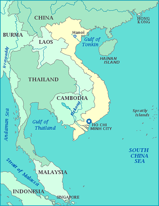 Map of Vietnam, China, Cambodia, Laos, Thailand, Burma, Malaysia,