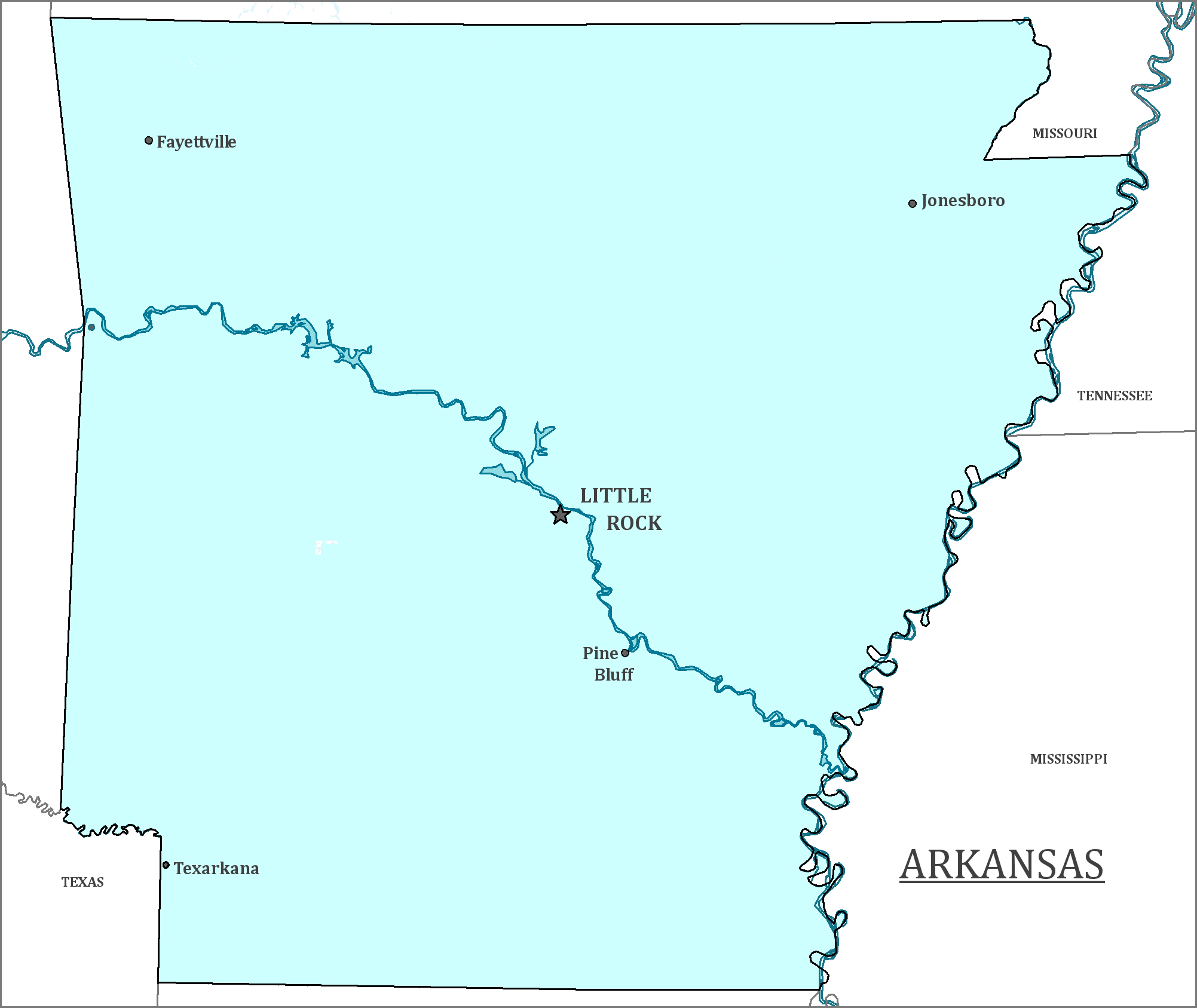 Map of Arkansas, major cities, states and capitals