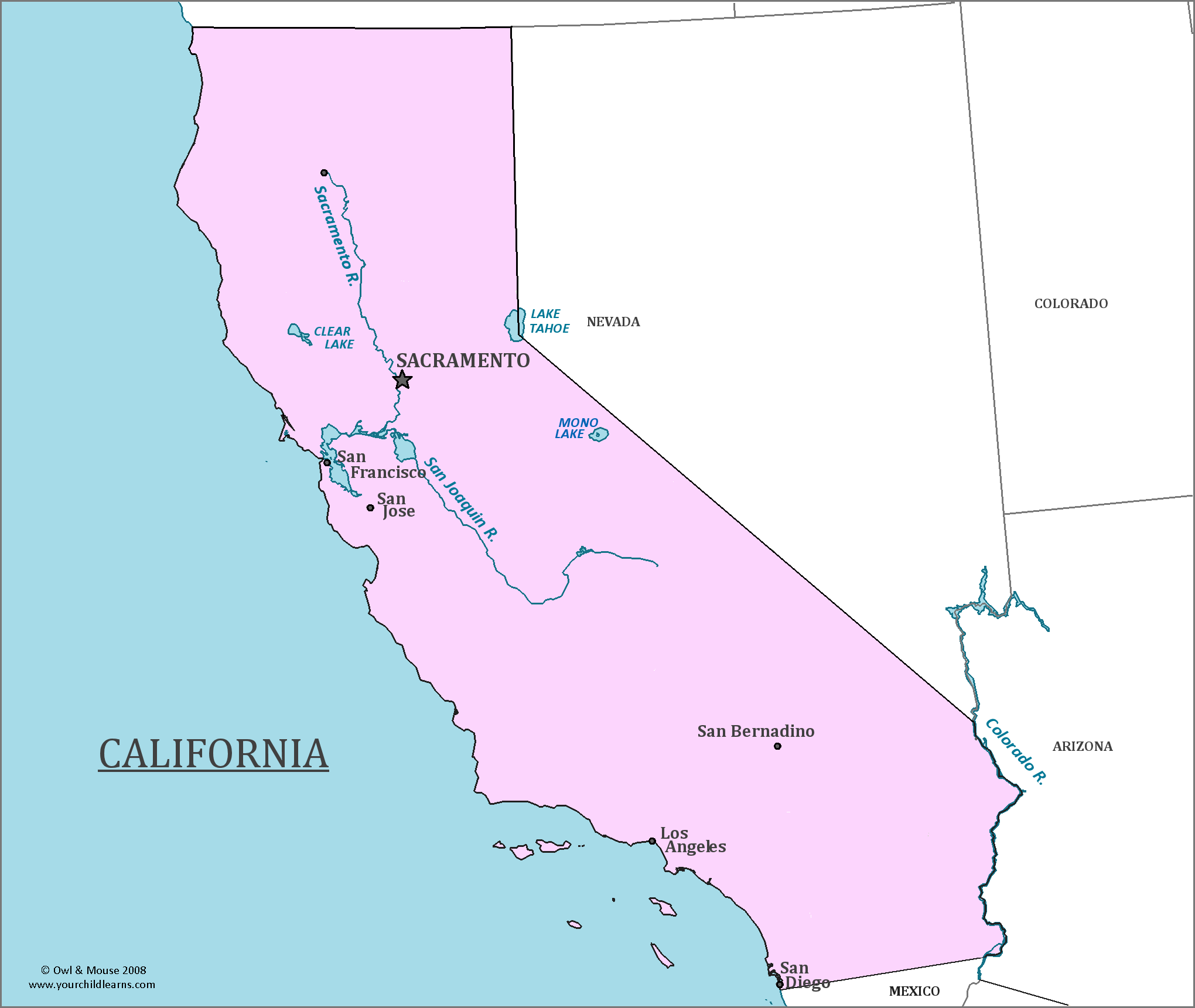 Map of California, major cities, states and capitals