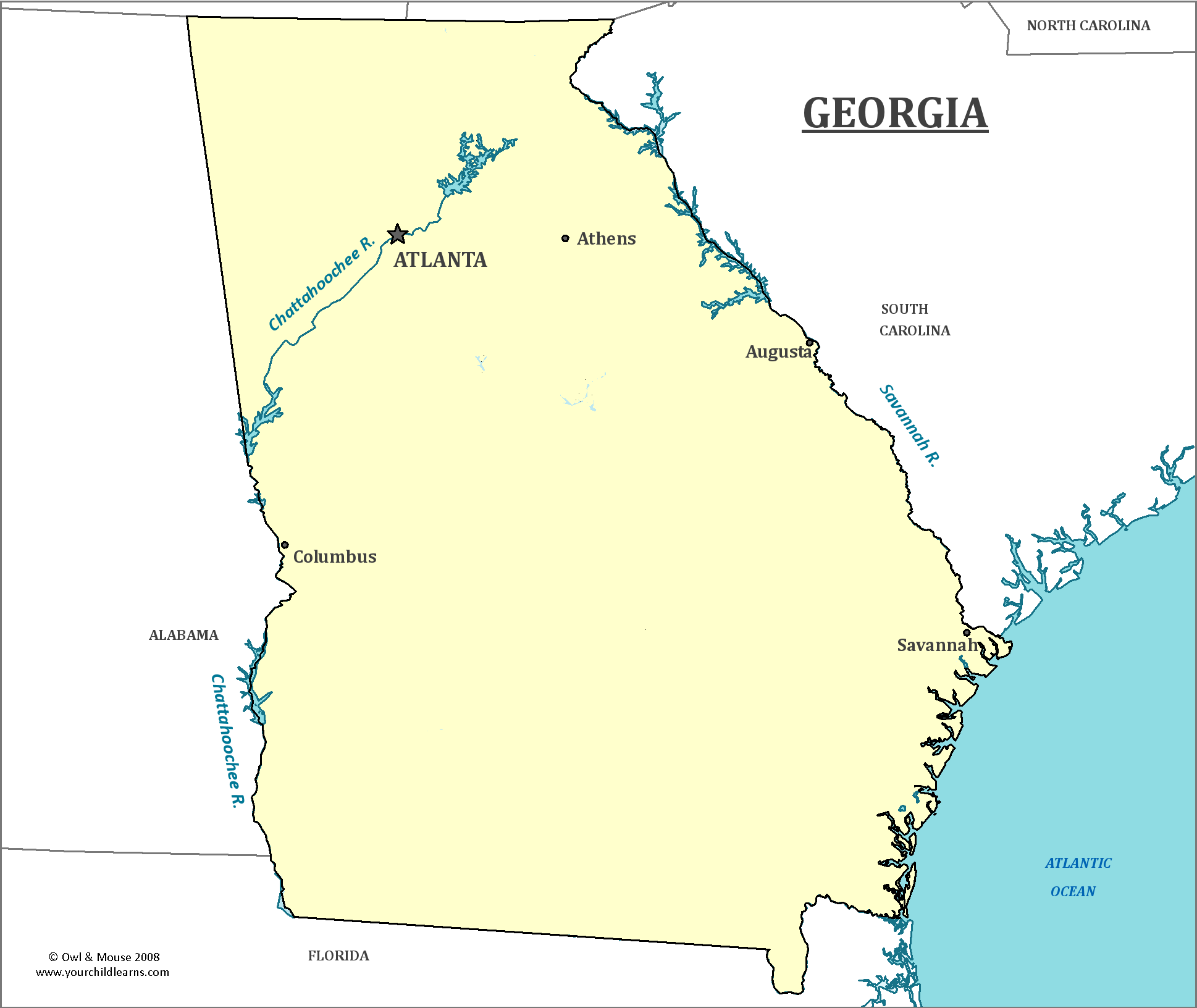 Map of Georgia, major cities, states and capitals