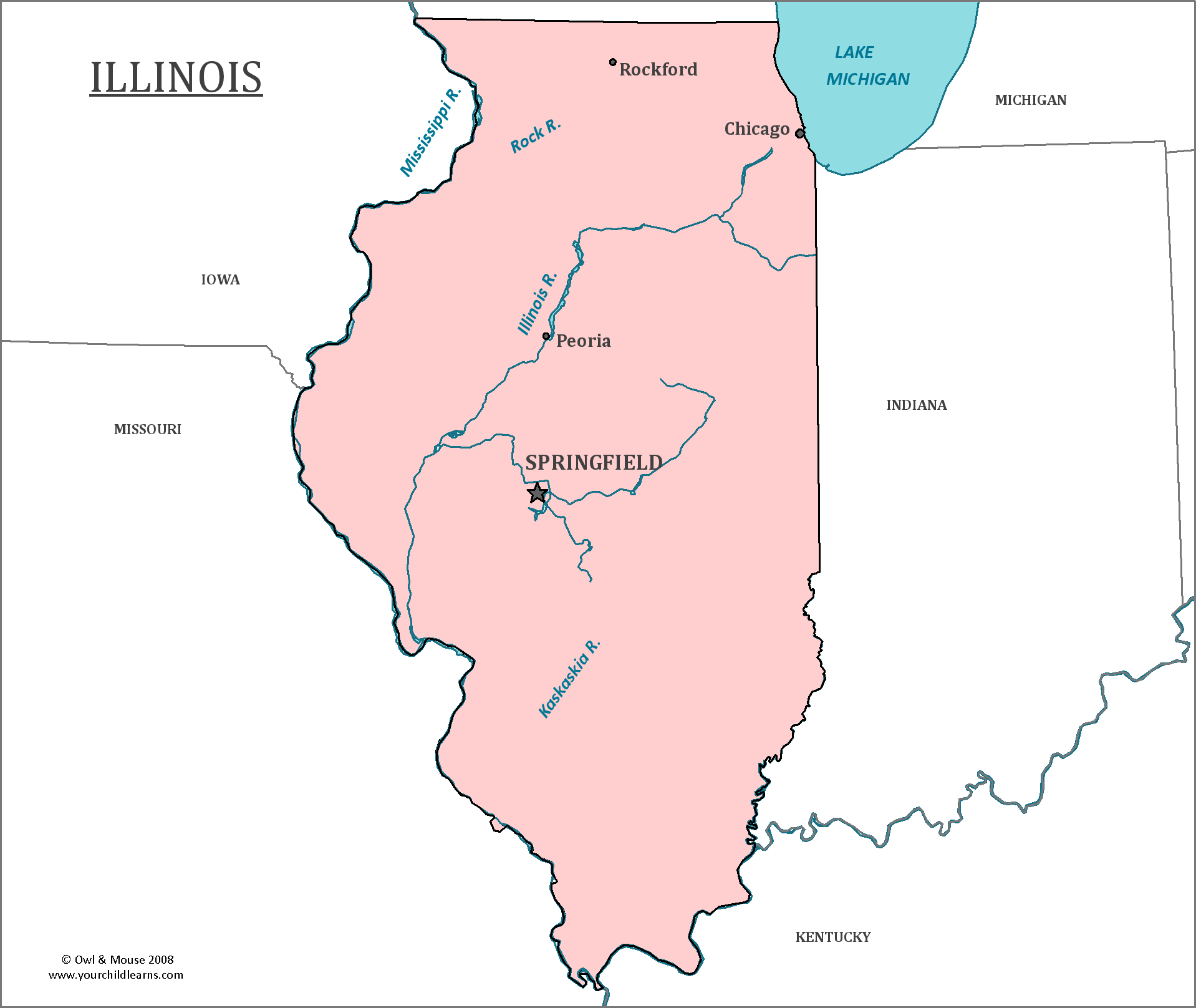 Map of Illinois, major cities, states and capitals