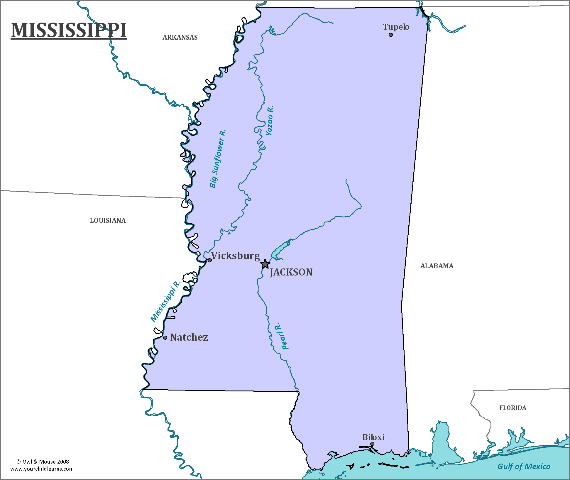 Map of Mississippi, major cities, states and capitals