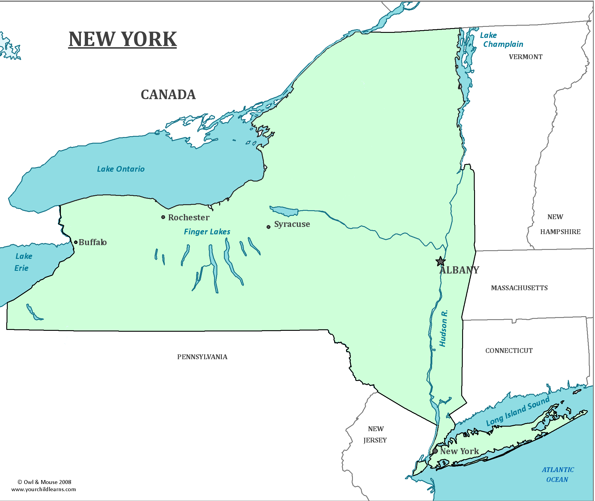 Map of New York, major cities, states and capitals