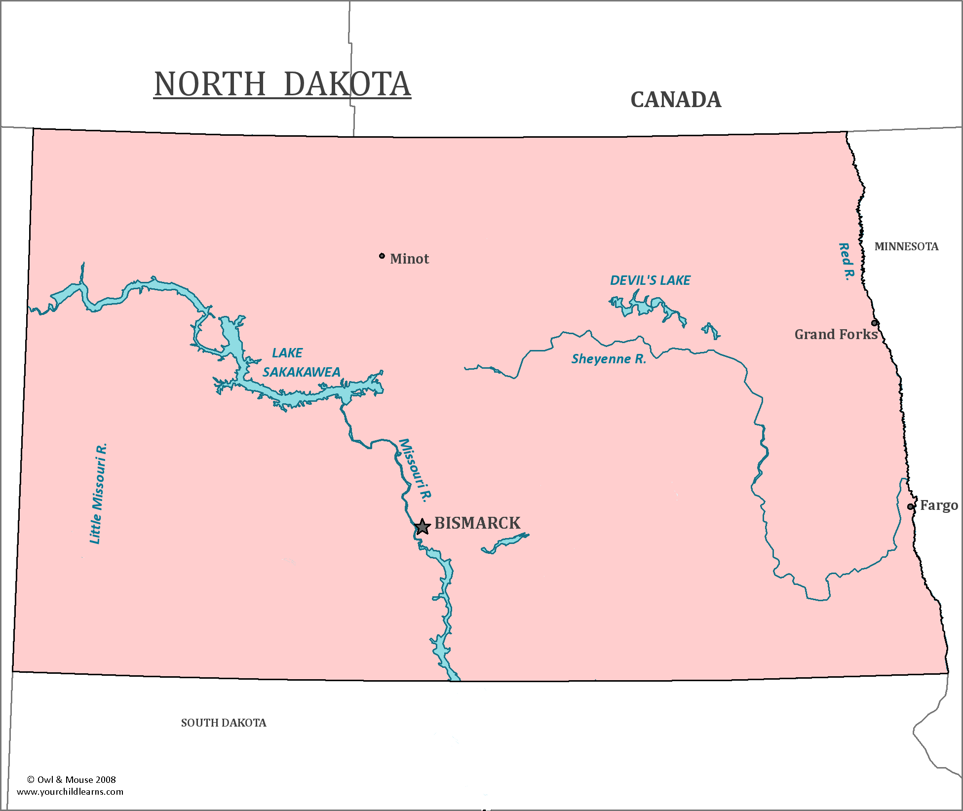 Map of North Dakota, major cities, states and capitals