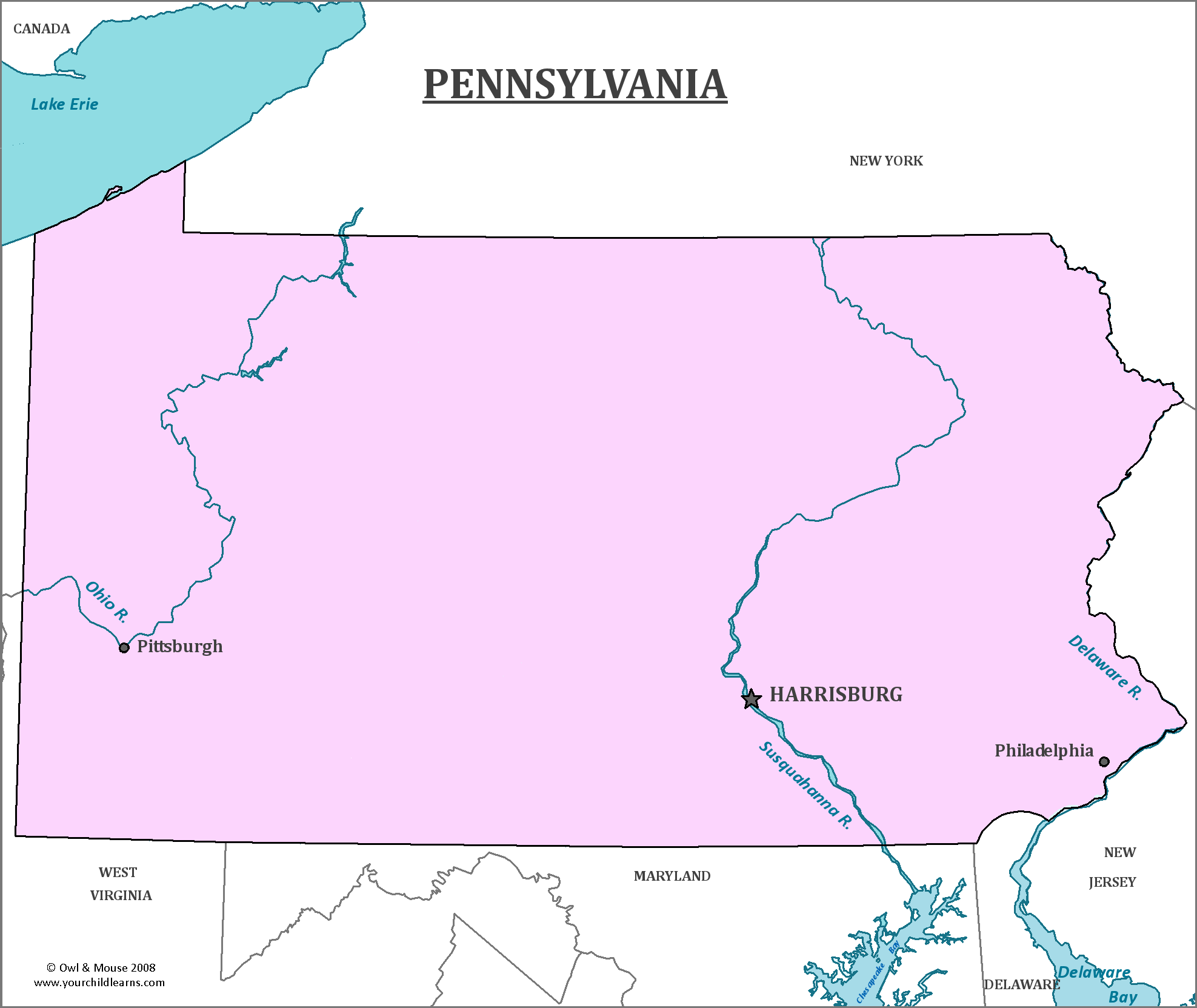 Map of Pennsylvania, major cities, states and capitals