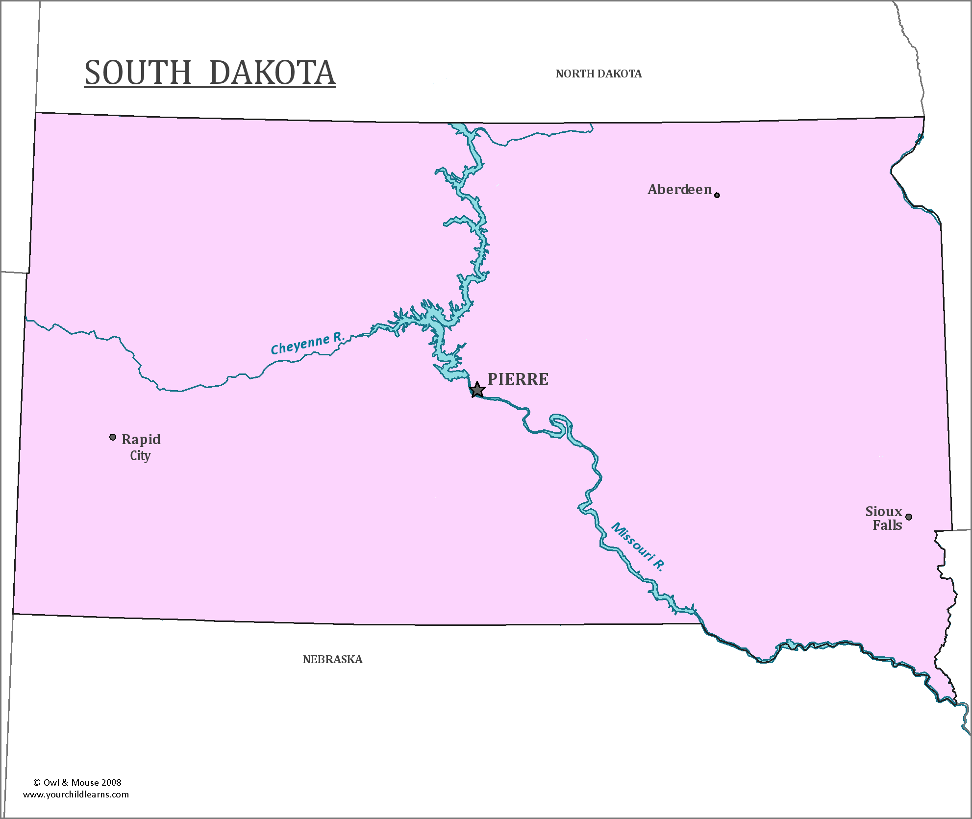 Map of South Dakota, major cities, states and capitals