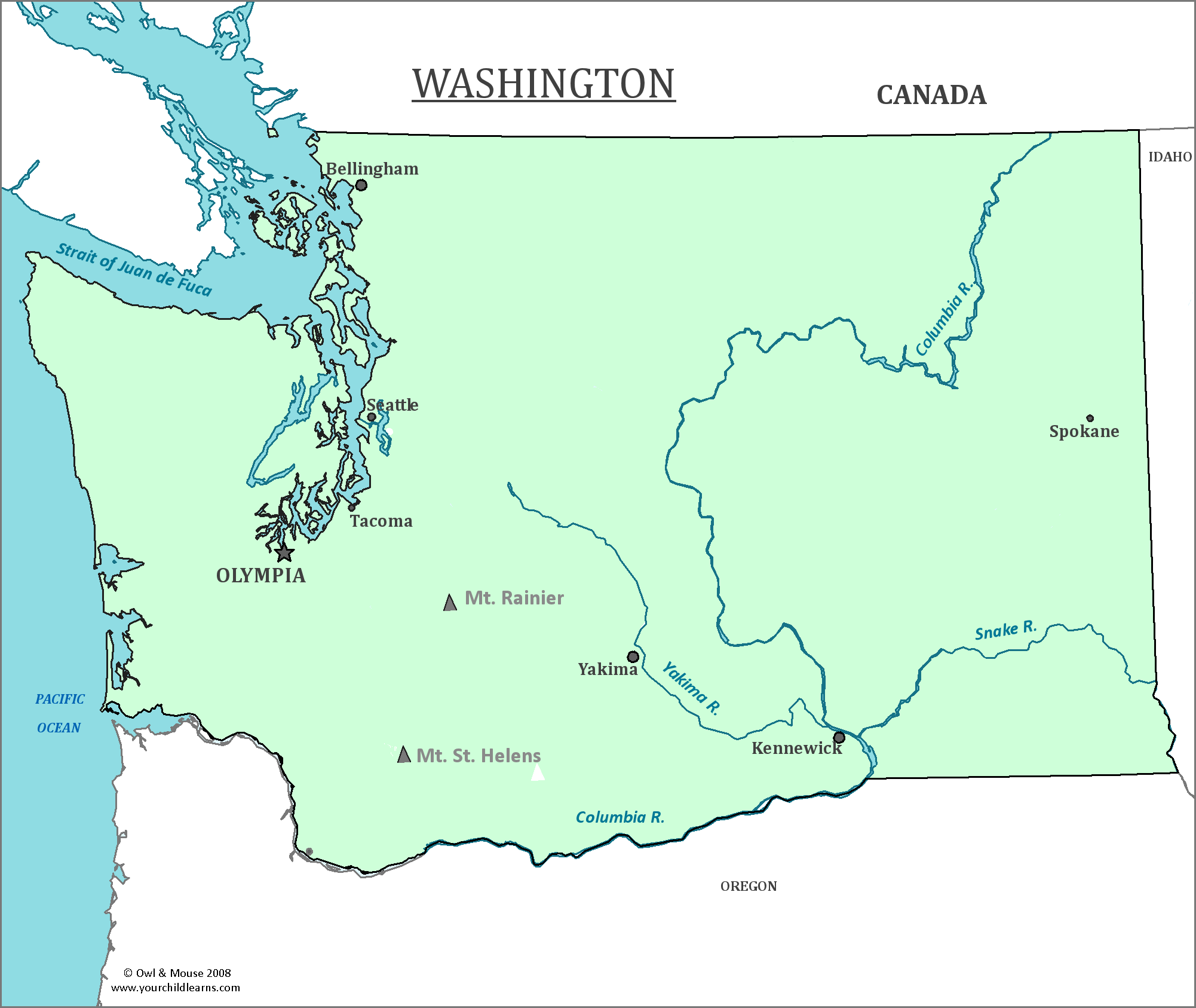 Map of Washington, major cities, states and capitals