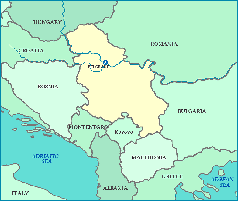Map of Serbia, Kosovo, Romania, Bulgaria, Macedonia, Albania, Bosnia, Croatia, Hungary, Montenegro